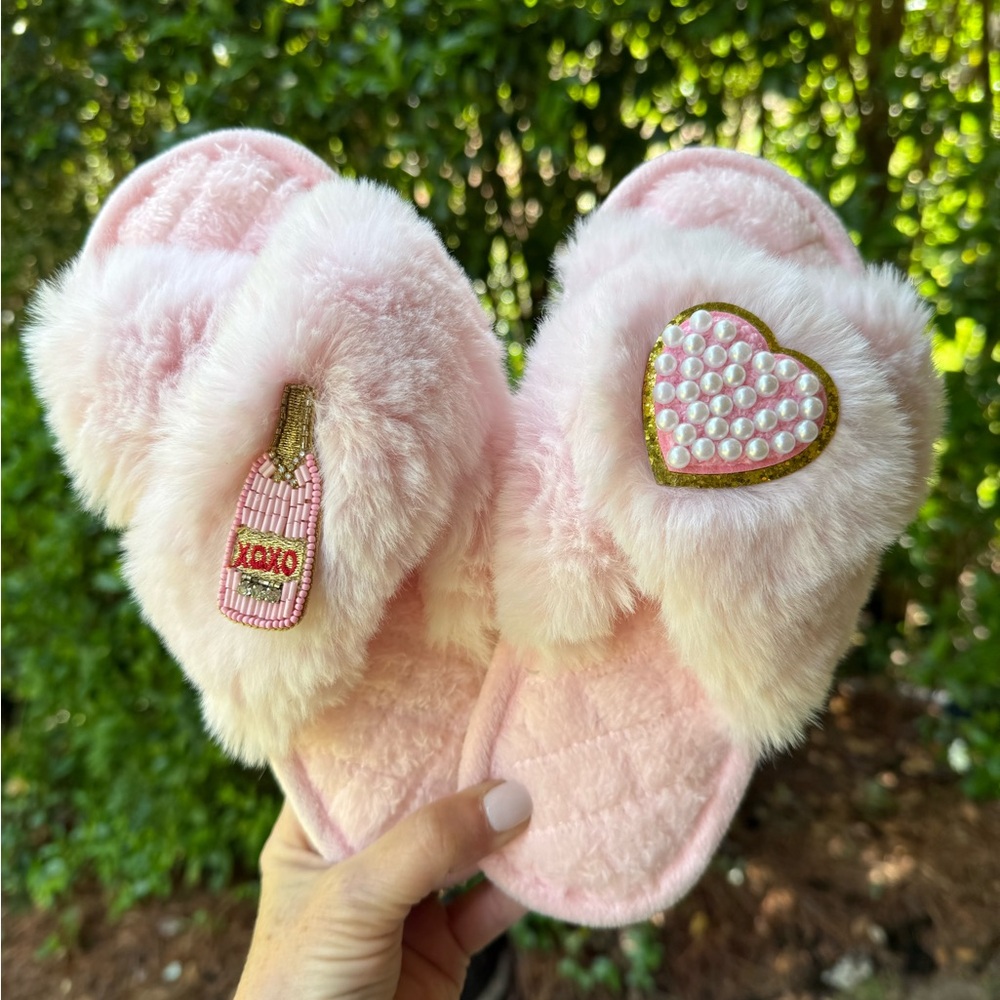 Pink Fuzzy Ladies Slippers with Heart and Bottle Design